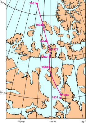 The movement of Earth's north magnetic pole across the Canadian arctic, 1831-2001. Credit: Geological Survey of Canada.